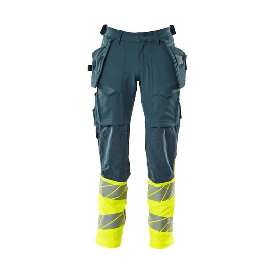 Pantaloni cu buzunare suspendate, pantaloni ULTIMATE STRETCH, petrol închis/galben de mare vizibilitate