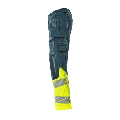 Pantaloni cu buzunare suspendate, pantaloni ULTIMATE STRETCH, petrol închis/galben de mare vizibilitate