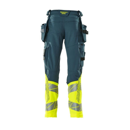Pantaloni cu buzunare suspendate, pantaloni ULTIMATE STRETCH, petrol închis/galben de mare vizibilitate