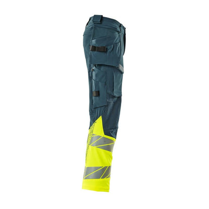 Pantaloni cu buzunare suspendate, pantaloni ULTIMATE STRETCH, petrol închis/galben de mare vizibilitate