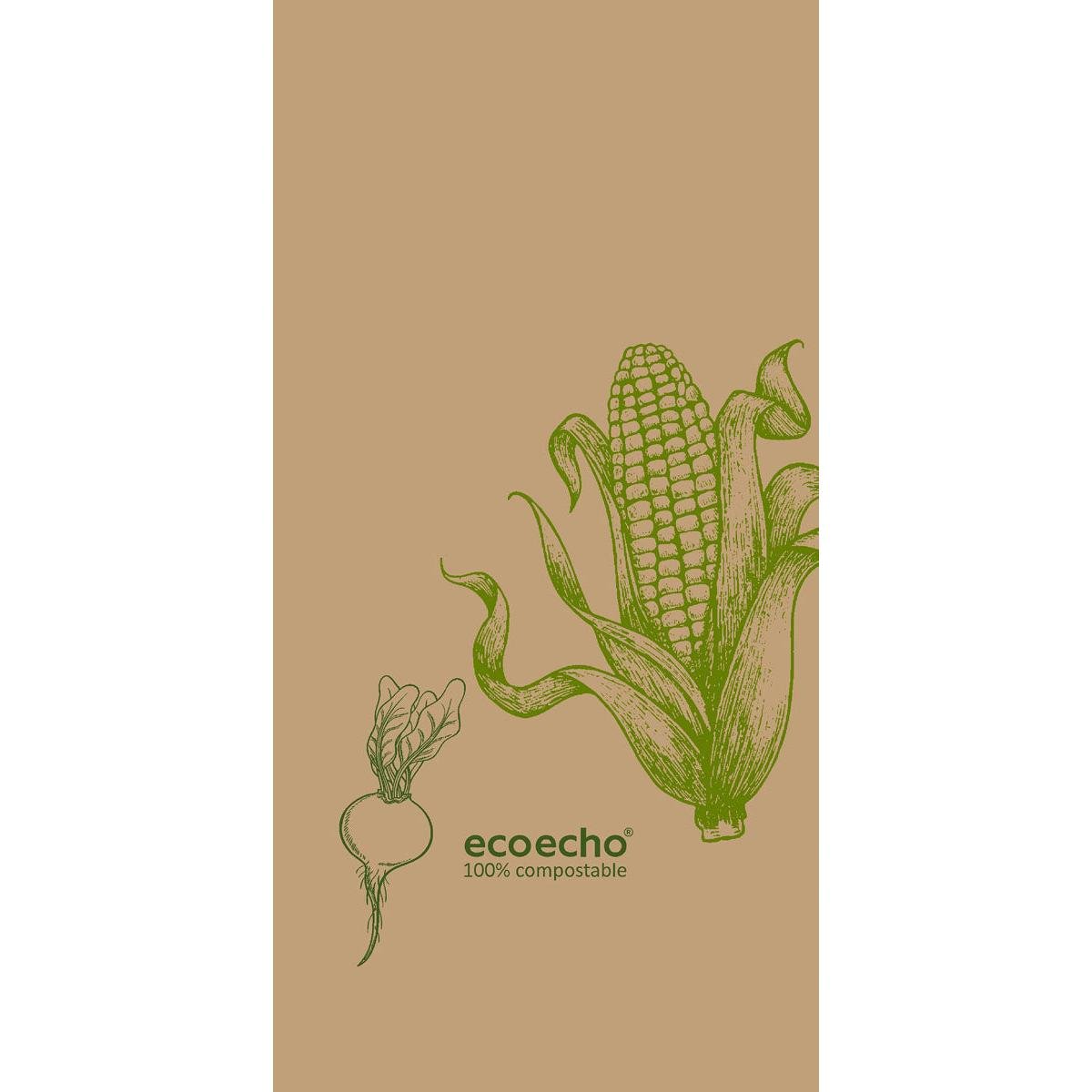O imagine a porumbului și a unei legume rădăcinoase pe un fundal maro deschis, cu "ecoecho 100% compostabil" dedesubt, evidențiază șervețelele de hârtie ale Duni GmbH, 40 x 40 cm, cu 2 straturi, 1/8 pliere de carte Veggies, pachet (300 bucăți).