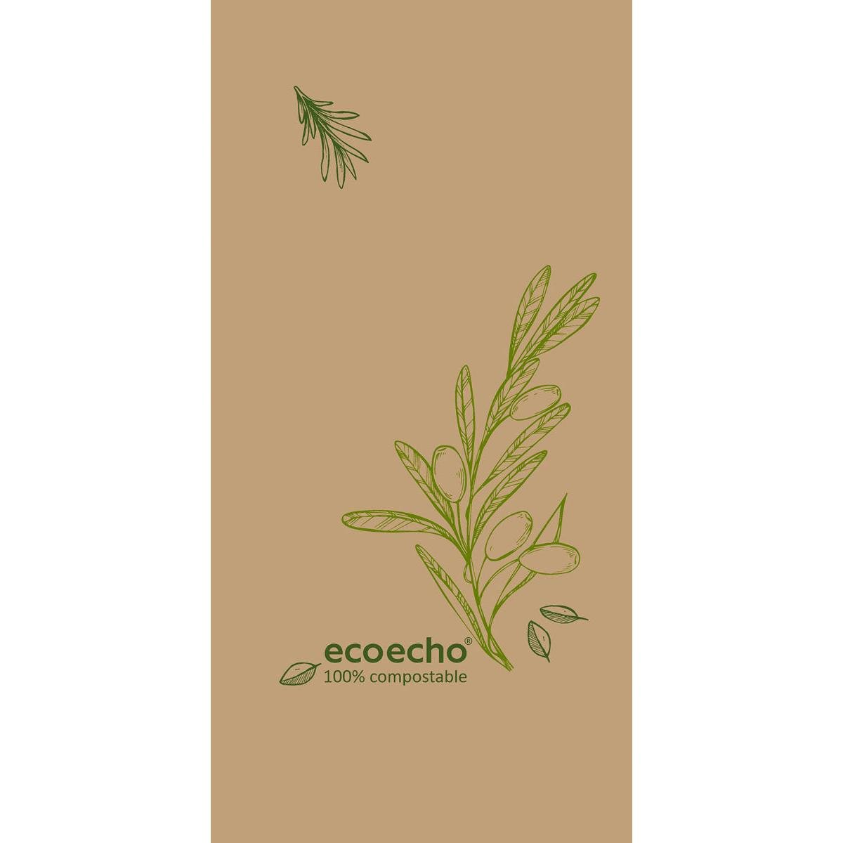 Șervețele din celuloză 40 x 40 cm, 3 straturi, 1/8 pliere frontală Veggies de la Duni GmbH: Bej cu ramuri de măslin verzi, text „eco echo 100% compostabil.” Pachet cu 250 de bucăți.