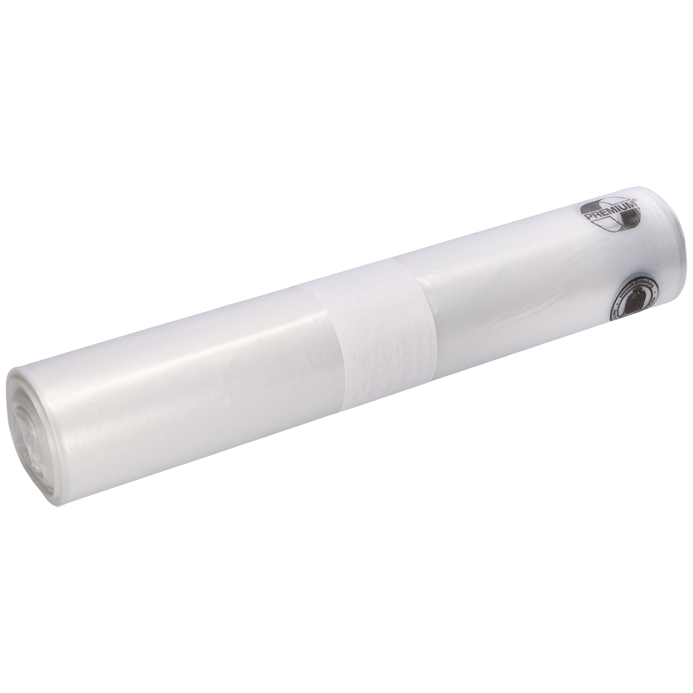 Un rolă EMIL DEISS KG (GmbH + Co.) DEISS 19302 - 800x1000x0,05 mm saci de gunoi transparenți (25 bucăți) cu etichetă albă în mijloc, ilustrată pe un fundal alb uni.