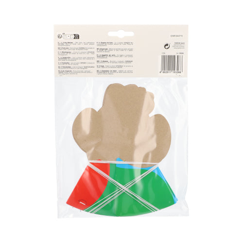 Un ambalaj din plastic al PAPSTAR GmbH conține un suport de carton în formă de mănușă maro și mai multe piese plate din plastic roșu, verde și albastru în modele colorate, cu o etichetă albă cu informații despre produs, cod de bare și inscripția „PAPSTAR 5 Hăinuțe”.