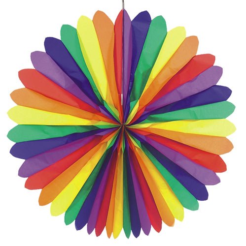 Ventilatoarele decorative "Rainbow" (Ø 120 cm, greu inflamabile) ale PAPSTAR GmbH arată secțiuni alternante roșii, portocalii, galbene, verzi, albastre și violete într-un design simetric, rotund și sunt ilustrate pe un fundal alb.