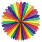 Ventilatoarele decorative "Rainbow" (Ø 120 cm, greu inflamabile) ale PAPSTAR GmbH arată secțiuni alternante roșii, portocalii, galbene, verzi, albastre și violete într-un design simetric, rotund și sunt ilustrate pe un fundal alb.