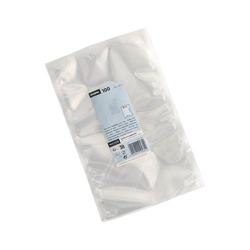 Un ambalaj din plastic transparent cu 100 de pungi Starpak Siegelrandbeutel (PA/PE, 40 x 30 cm, transparent) pentru alimente, cu o etichetă alb-albastră cu detalii și cantitate. Articolul este fotografiat pe un fundal alb.