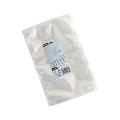 Un ambalaj din plastic transparent cu 100 de pungi Starpak Siegelrandbeutel (PA/PE, 40 x 30 cm, transparent) pentru alimente, cu o etichetă alb-albastră cu detalii și cantitate. Articolul este fotografiat pe un fundal alb.