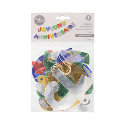 Lanțul de salut PAPSTAR GmbH (1,9 m) "Joyeux Anniversaire" este o ghirlandă festivă și colorată pentru decorul de aniversare cu litere metalice. Este livrată într-o pungă de plastic transparentă cu capac etichetat.