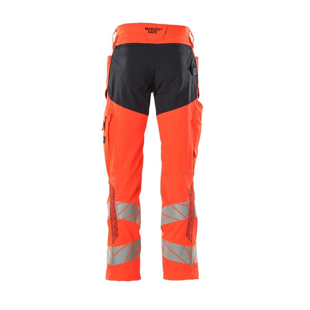 Pantaloni cu buzunare pentru genunchi, pantaloni cu inserții elastice, hi-vis roșu/negru-albastru