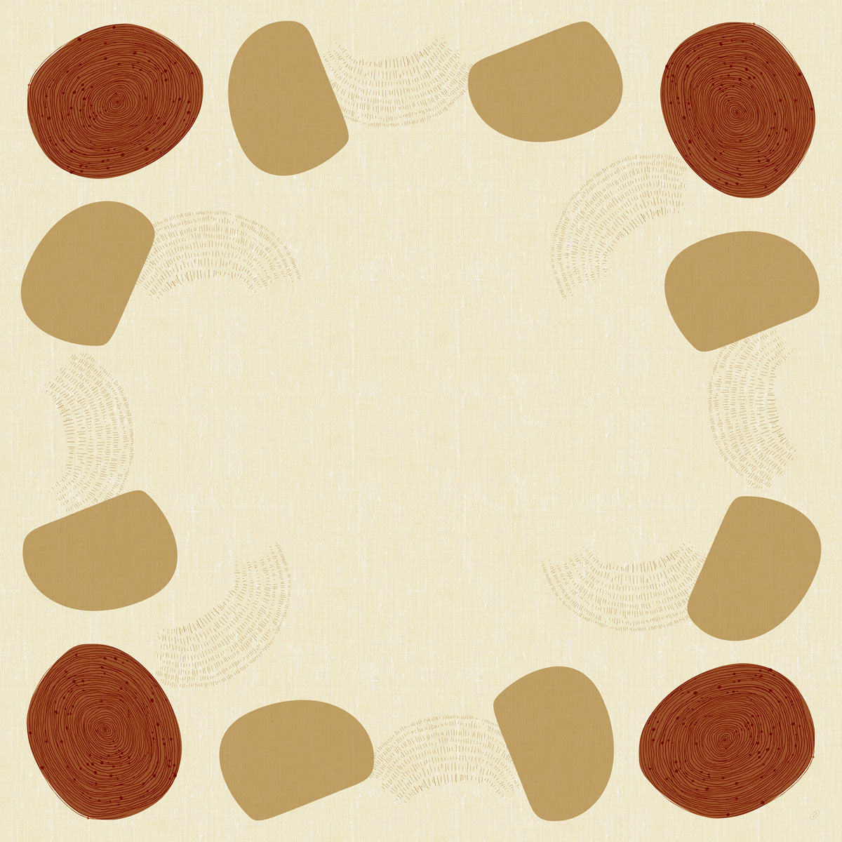 Eine beigefarbene Dunicel-Mitteldecke (84 x 84 cm) der Duni GmbH zeigt eine kreisförmige Bordüre aus abwechselnd braunen Ovalen und hellbraunen Formen mit geschwungenen Linienmustern. Ideal als erdige Tischdekoration; die Mitte ist leer. Packung: 100 Stück.