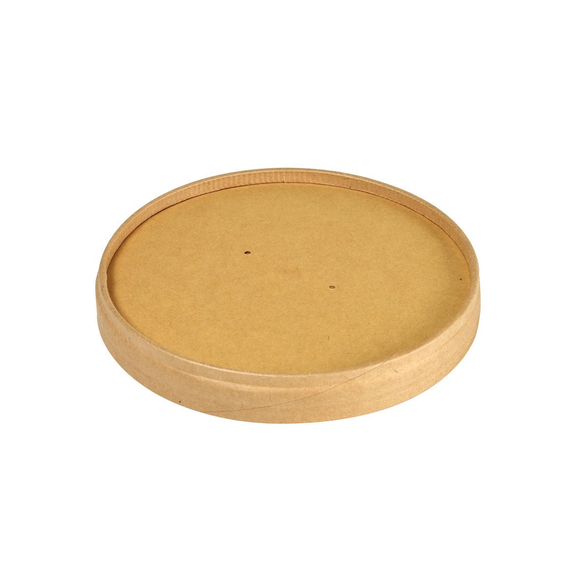Capacul din carton SLIM Carton/PLA Maro (350/550/750/950 ml, 117x117x19 mm) al Duni GmbH este un capac rotund, plat, din carton maro certificat FSC, cu acoperire PLA și margine ridicată. Ambalaj cu 25 de bucăți pe fundal alb.