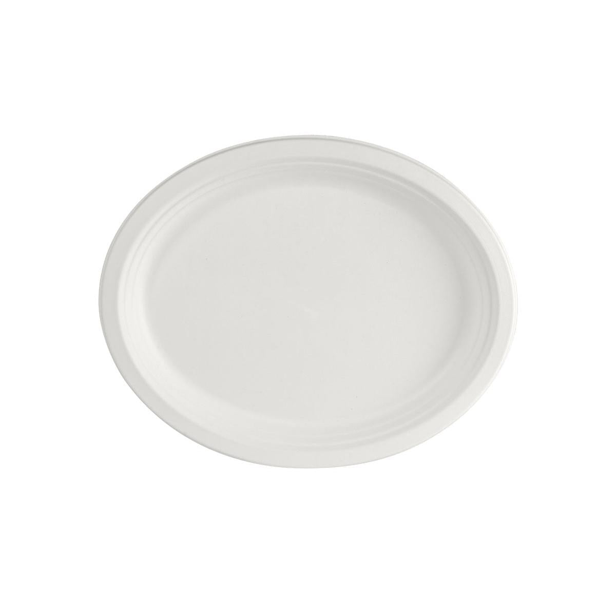 Ein weißer, ovaler Bagasseteller ø 32 cm von Duni GmbH mit leicht erhöhtem Rand, fotografiert von oben auf weißem Hintergrund. Dieser umweltfreundliche Einwegteller (Packung: 125 Stück) ist perfekt für nachhaltige Zusammenkünfte.