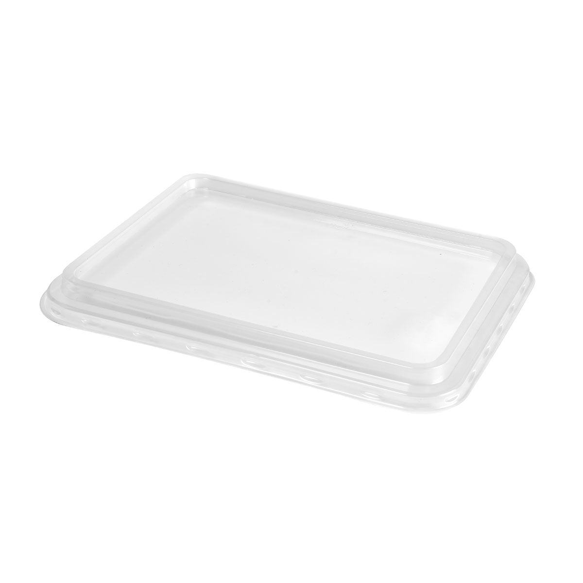 Este ilustrat un capac transparent, dreptunghiular PP (225x175x17 mm) de la Duni GmbH pentru containere de plastic pentru alimente pe un fundal alb. Capac are margini ușor ridicate și o suprafață netedă. Ambalaj: 210 bucăți.