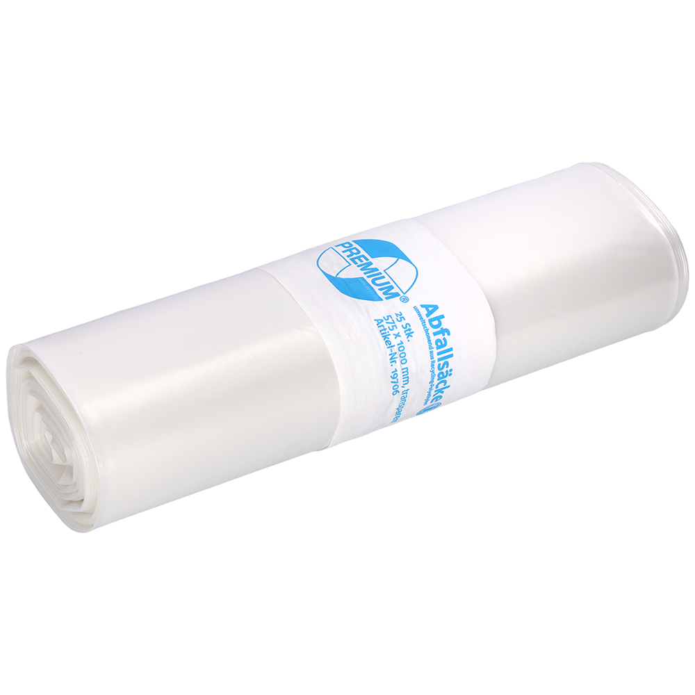 Abgebildet ist eine weiße Rolle EMIL DEISS KG (GmbH + Co.) DEISS Müllsäcke 575x1000x0,06 mm aus Recycling-LDPE 70 l mit blauem und weißem Etikett auf weißem Hintergrund. Diese Säcke sind ideal für die tägliche Abfallentsorgung.