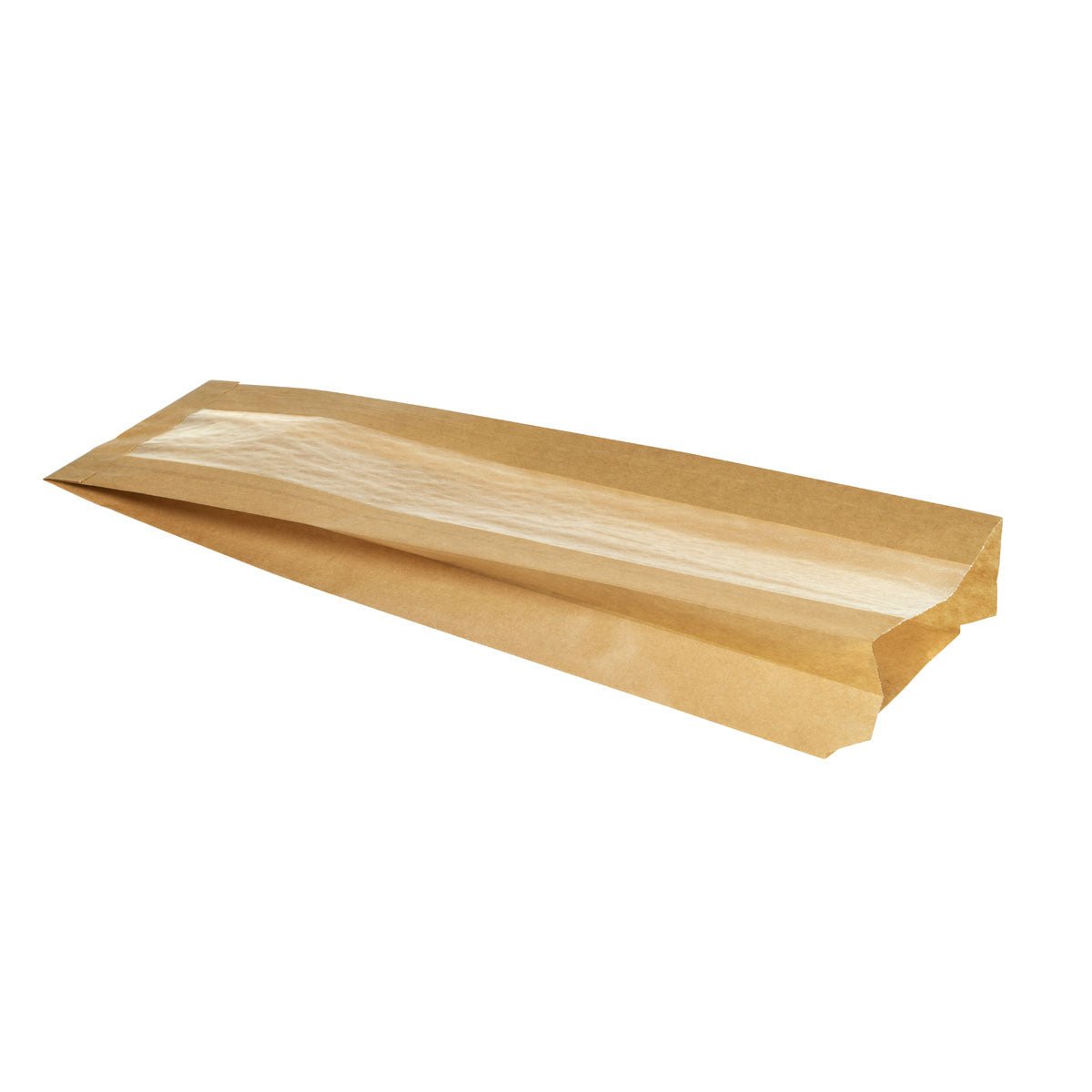 Punga de hârtie Duni GmbH pentru baghete, carton/materie primă celulozică, 370x100x50 mm, pachet (1000 bucăți), dispune de o fereastră transparentă și este ideală ca ambalaj ecologic pentru produse de panificație - ideală pentru brutării. Ilustrat pe fundal alb.