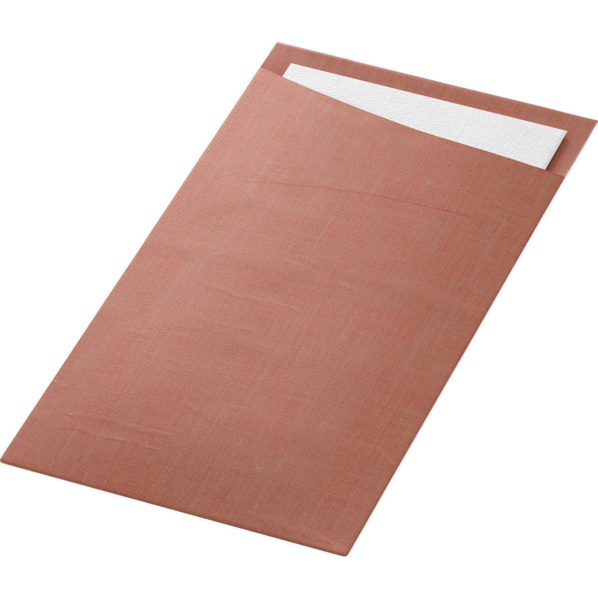 Der Sacchetto Dunisoft 230 x 115 mm von Duni GmbH ist ein brauner Serviettenhalter mit einer teilweise sichtbaren weißen Serviette, fotografiert vor einem schlichten weißen Hintergrund.
