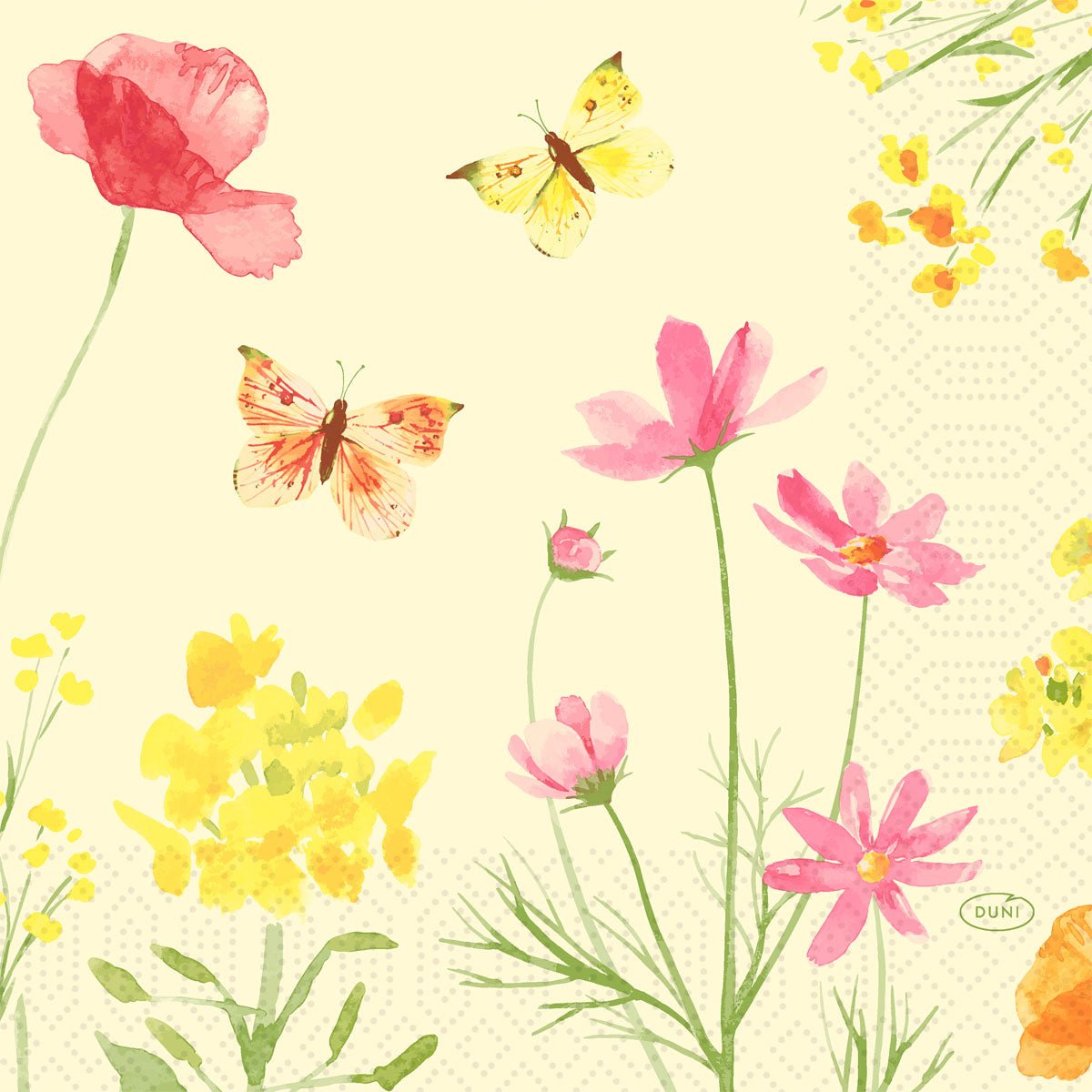 Șervețelele 33x33 cm, Design Poppy Field de la Duni GmbH prezintă un design în acuarelă cu flori sălbatice roz și galbene și fluturi pe un fundal deschis; pachetul conține 250 de șervețele elegante.