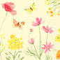 Șervețelele 33x33 cm, Design Poppy Field de la Duni GmbH prezintă un design în acuarelă cu flori sălbatice roz și galbene și fluturi pe un fundal deschis; pachetul conține 250 de șervețele elegante.