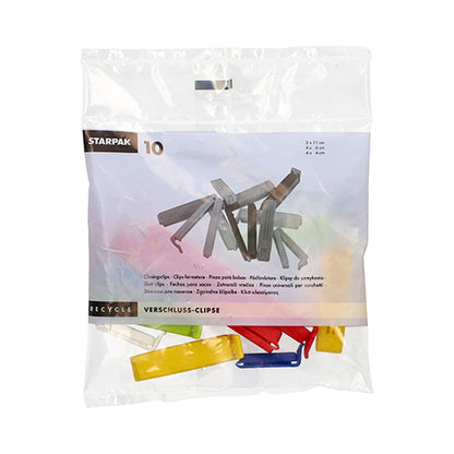 Ein transparenter Beutel mit 10 bunten Starpak PP Verschluss-Clipsen in 3 Größen, beschriftet mit Marke und Details. Perfekt zum Frischhalten von Lebensmitteln.