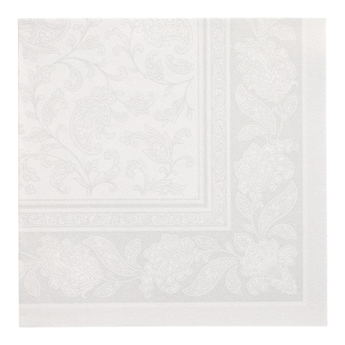 Vedere de sus a unui set de 20 de șervețele albe PAPSTAR „ROYAL Collection” cu pliere 1/4 (40x40 cm) de la PAPSTAR GmbH, cu o bordură reliefată cu motive florale și paisley pe un fundal alb.