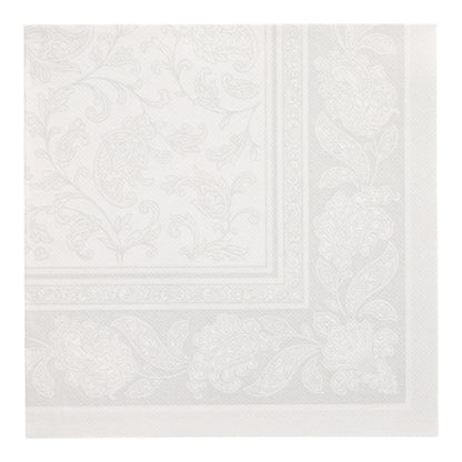 Vedere de sus a unui set de 20 de șervețele albe PAPSTAR „ROYAL Collection” cu pliere 1/4 (40x40 cm) de la PAPSTAR GmbH, cu o bordură reliefată cu motive florale și paisley pe un fundal alb.