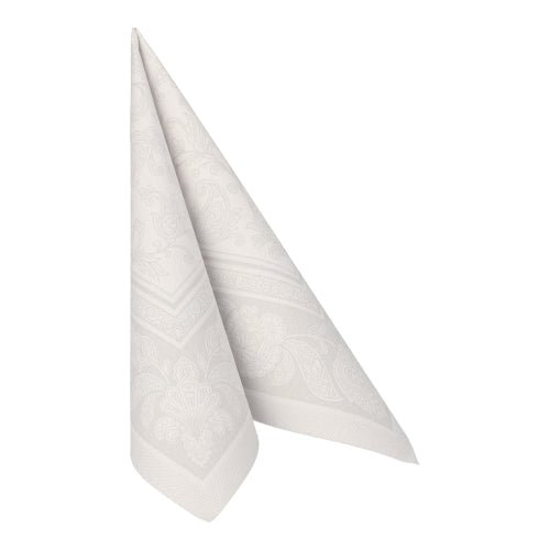 Un singur șervețel alb, cu model PAPSTAR GmbH "ROYAL Collection" 1/4 pliere (40x40 cm) este pliat într-o formă triunghiulară, verticală, pe un fundal alb simplu. Pachetul conține 20 de șervețele.