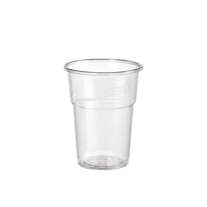 Paharul Sticlă, PLA, Linie de umplere Transparent PLA de la Duni GmbH este un pahar din plastic clar cu o suprafață netedă, asemănătoare sticlei, și o margine ușor evazată, prezentat gol pe un fundal alb.