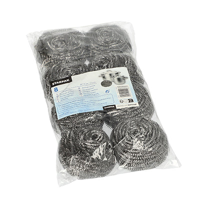 Un pachet de plastic transparent cu opt curățători spiralați Starpak, oțel inoxidabil Ø 7,5 cm · 6 cm, zgârietură | Folie (8 bucăți), cu o etichetă albastru-alb cu detalii despre produs și imagini cu oale pentru o curățare eficientă.