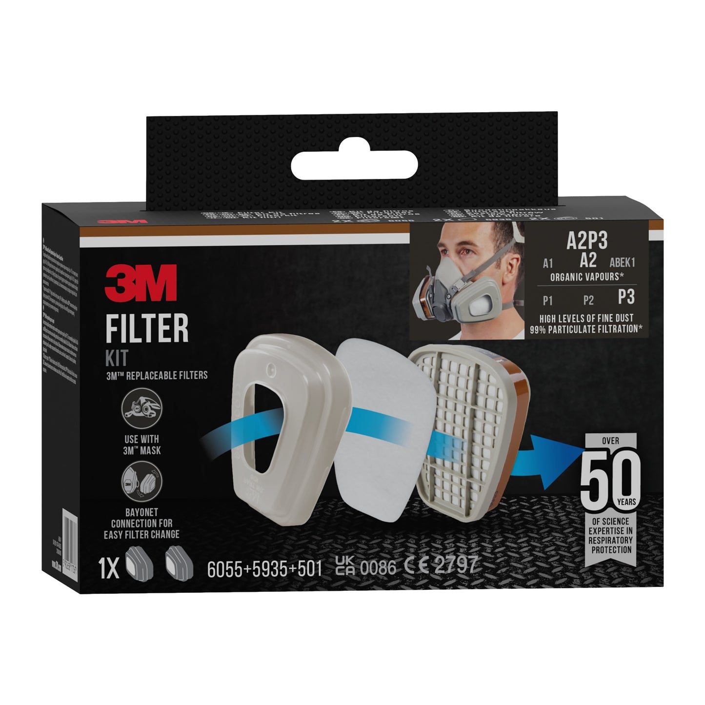 Die 3M™ Filtersatz 6003-1 Packung (A2P3, 2x6055, 2x5935, 2x501) von 3M Deutschland GmbH enthält Filter für organische Dämpfe und Partikel, ist mit 3M Masken kompatibel und gibt Produktinfos sowie Lebensdauer an.