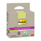 Eine Packung Post-it® Super Sticky 100% Recycling Notes von 3M Deutschland GmbH, Größe 76 mm x 76 mm, enthält drei Farben und Recycling-Symbole. Jede Packung enthält 70 Blatt pro Block, die alle aus PEFC-zertifiziertem Recyclingpapier hergestellt sind.