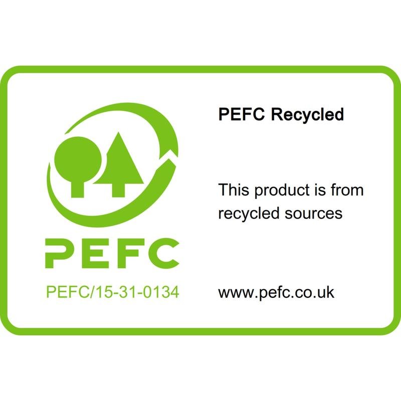 Eticheta PEFC Recycled pe Post-it® Recycling Notes (38 mm x 51 mm, 100 foi/bloc, 100% PEFC) de la 3M Deutschland GmbH indică surse reciclate și arată logo-ul, numărul de certificare și www.pefc.co.uk în verde și negru pe alb.