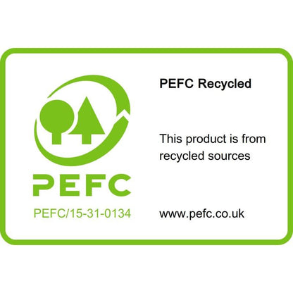 Eticheta PEFC Recycled pe Post-it® Recycling Notes (38 mm x 51 mm, 100 foi/bloc, 100% PEFC) de la 3M Deutschland GmbH indică surse reciclate și arată logo-ul, numărul de certificare și www.pefc.co.uk în verde și negru pe alb.