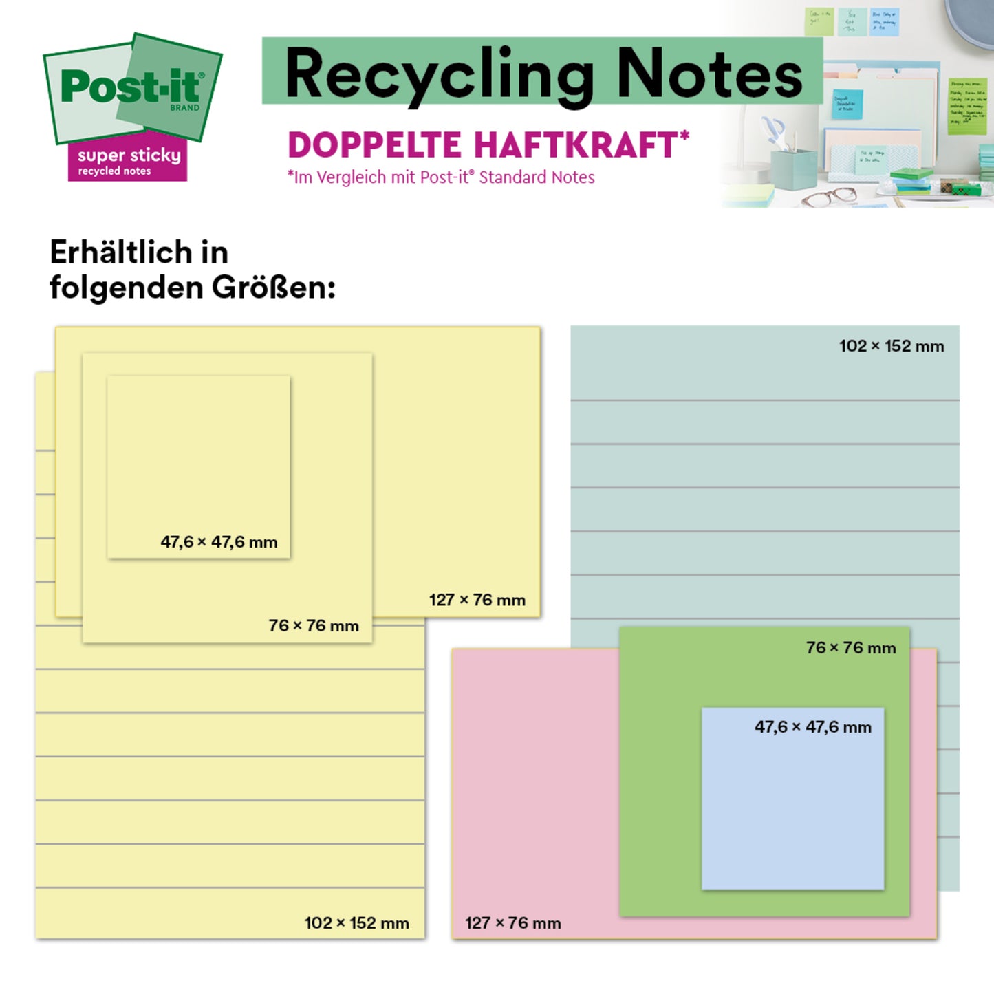 O grafică arată 3M Post-it® Super Sticky 100% Notes de reciclare (102 x 152 mm, linii, culori diferite, 45 de foi/bloc, 4 blocuri/pachet, certificat PEFC) în acțiune. Sus stânga: Logo-ul Post-it. Text în germană.