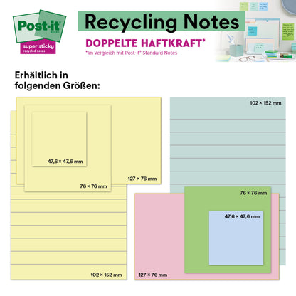 O grafică arată 3M Post-it® Super Sticky 100% Notes de reciclare (102 x 152 mm, linii, culori diferite, 45 de foi/bloc, 4 blocuri/pachet, certificat PEFC) în acțiune. Sus stânga: Logo-ul Post-it. Text în germană.