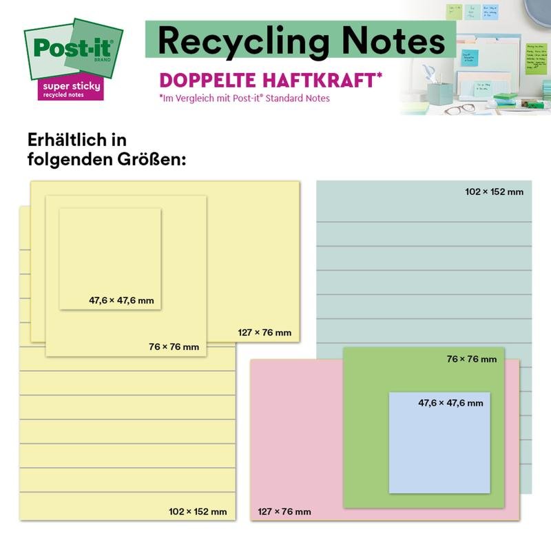 Un tabel prezintă Post-it® Super Sticky 100% Notes de Reciclare (76x76 mm, 70 foi pe bucată, certificat PEFC) de la 3M, evidențiind opțiuni galbene, albastre, roz și verzi cu putere dublă de lipire.