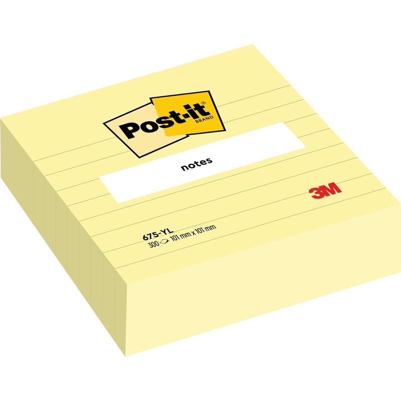 Un teanc de foi galbene Post-it® Notes în format mare (101 mm x 101 mm, 300 de foi) de la 3M Deutschland GmbH cu eticheta "notes" albă și logo-ul 3M roșu - ideal pentru notițe organizate și generoase.