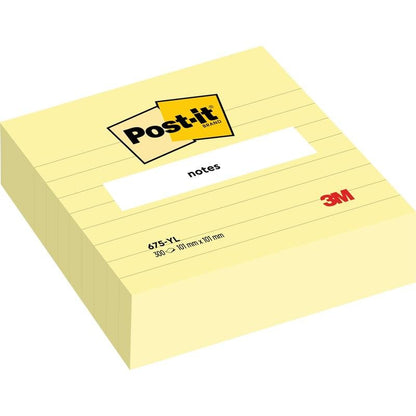 Un teanc de foi galbene Post-it® Notes în format mare (101 mm x 101 mm, 300 de foi) de la 3M Deutschland GmbH cu eticheta "notes" albă și logo-ul 3M roșu - ideal pentru notițe organizate și generoase.