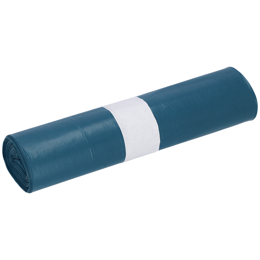 Un rolă EMIL DEISS KG (GmbH + Co.) DEISS saci de gunoi din LDPE reciclat de 35 l în albastru (25 bucăți) este înfășurată strâns cu o bandă de hârtie albă în mijloc și se află pe un fundal uni.