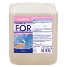 Ein 10-Liter-Kunststoffbehälter von Dr. Schnell FOR Handspülmittel der DR.SCHNELL GmbH & Co. KGaA zeigt ein rosa-blaues Etikett mit einer Hand, die ein sauberes Weinglas hält, und eine deutsche Produktinformation für das Geschirrspülen in der Gastronomie.