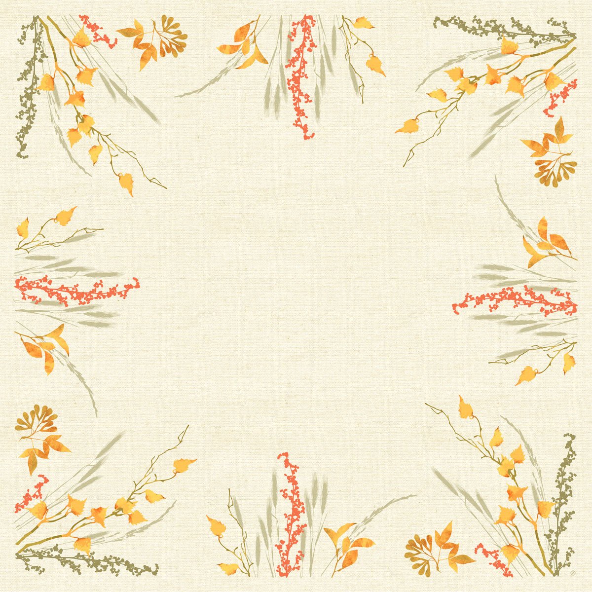 Colțul central Dunisilk+ 84x84cm Fall Beauty de la Duni GmbH are un cadru bej, pătrat, cu modele florale portocalii, galbene și roșii în fiecare colț. Un pachet de 20 - perfect pentru a evidenția temele de toamnă și pentru a lăsa centrul deschis pentru conținut.