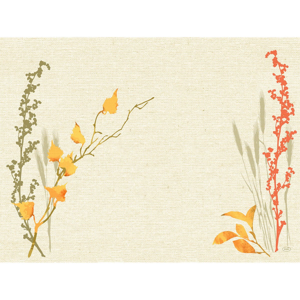 Un fundal texturat bej cu artă botanică simplă - tulpini galbene și verzi în stânga, tulpini roșii în dreapta - lasă centrul gol. Motiv ideal pentru seturile Dunicel 30x40 de la Duni GmbH.