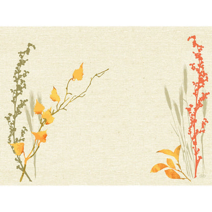 Un fundal texturat bej cu artă botanică simplă - tulpini galbene și verzi în stânga, tulpini roșii în dreapta - lasă centrul gol. Motiv ideal pentru seturile Dunicel 30x40 de la Duni GmbH.