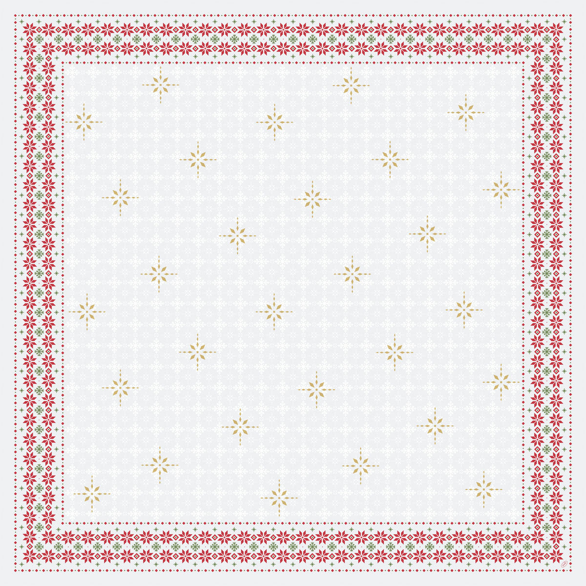 Die Dunicel-Mitteldecke 84x84cm Tradition von Duni GmbH hat einen weißen Untergrund mit sich wiederholenden goldenen Sternen und Bordüren aus rot-grünen floralen und geometrischen Mustern und eignet sich somit ideal als festliche Tischdekoration. Verpackt in 1 Karton.
