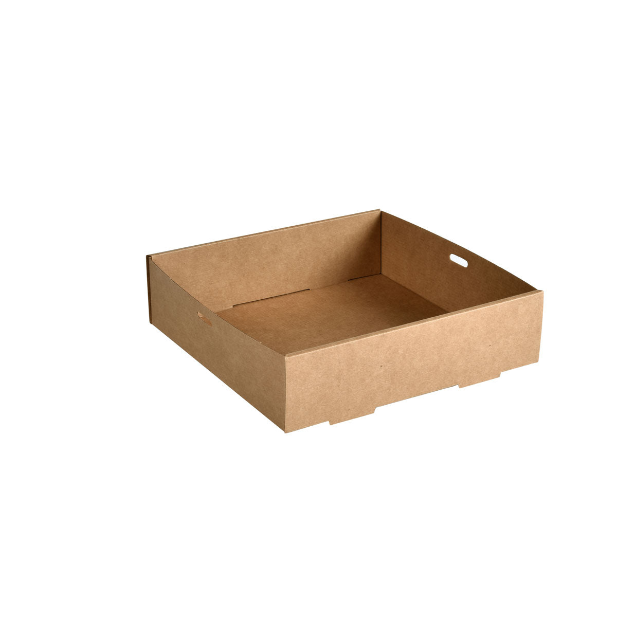 Tava de catering Duni GmbH din carton/PLA în culoarea maro (225x225mm, mic) este o tavă dreptunghiulară, biodegradabilă și ecologică, cu margine joasă și un decupaj pentru mâner, fabricată din hârtie; pachet de 100 de bucăți pe fundal alb.