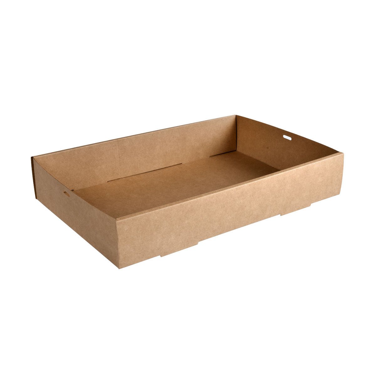 Un mare tăviță de catering maro din carton/PLA (450x310 mm) de la Duni GmbH, pachet de 50 de bucăți - ecologic, biodegradabil, cu laterale joase și decupaj pentru mâner la un capăt.