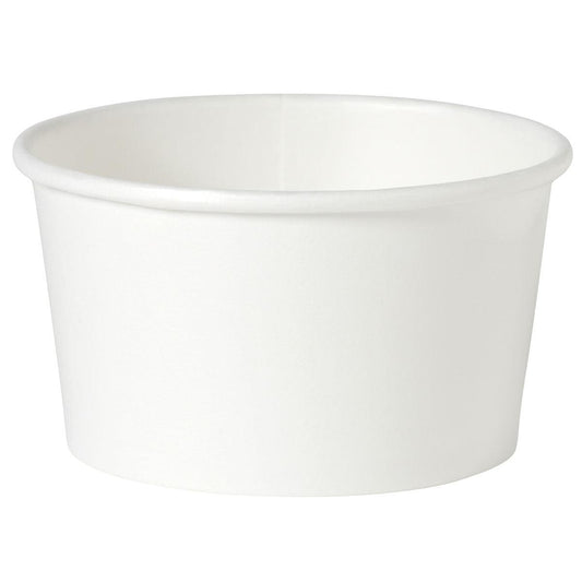 Ein schlichter, weißer Suppenbecher Basic Weiß Karton/PE der Duni GmbH wird vor weißem Hintergrund präsentiert. Der leere Becher hat einen leicht ausgestellten Rand, ideal für den Genuss von Suppen für unterwegs.