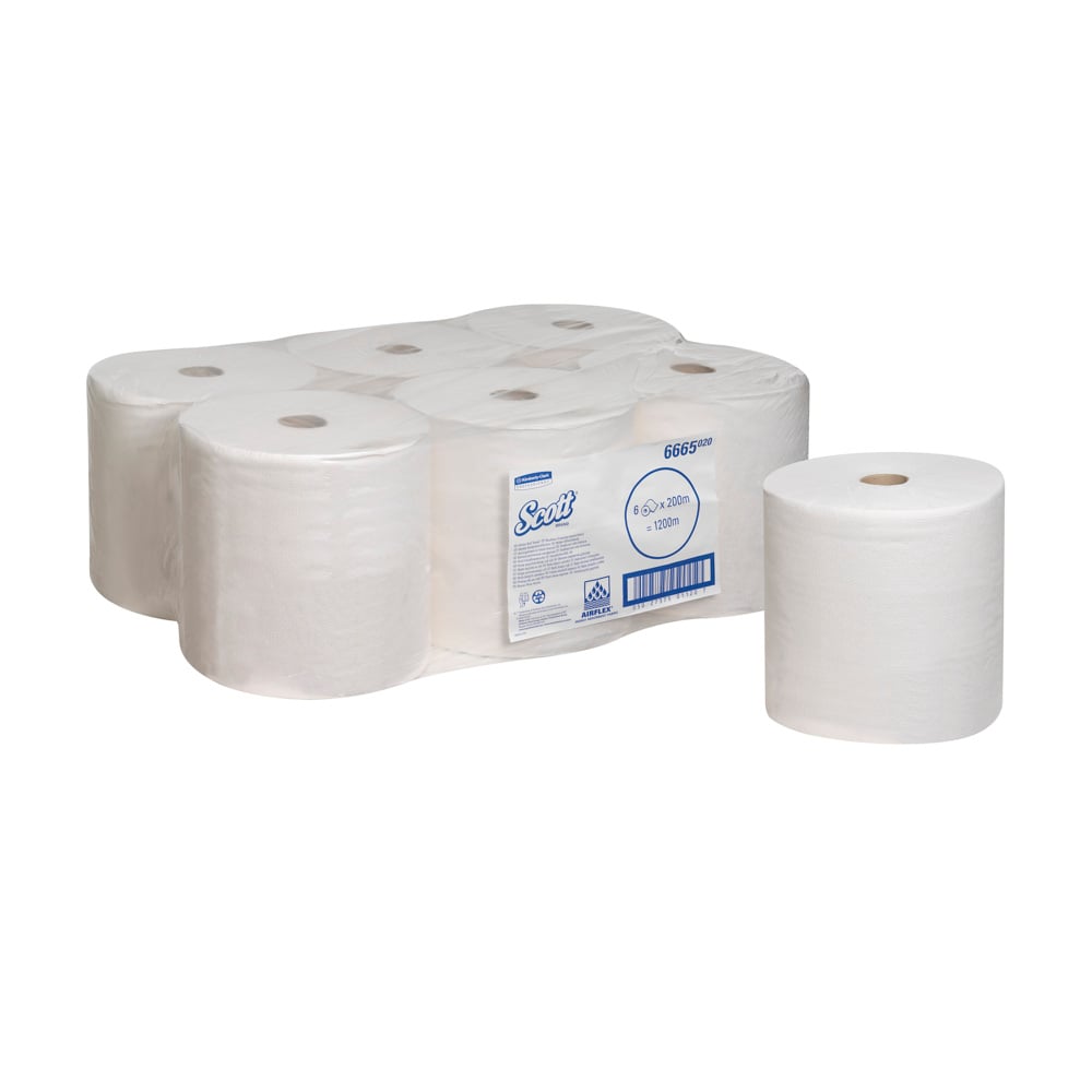 Un pachet cu șase prosoape Scott® PERFORMANCE (Kimberly-Clark GmbH), cinci ambalate în plastic transparent și unul neambalat, stând vertical pe un fundal alb cu eticheta produsului vizibilă.