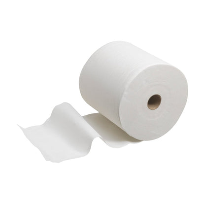 O rolă individuală de prosoape Scott® PERFORMANCE de la Kimberly-Clark GmbH în alb, ideală pentru utilizarea zilnică igienică și ecologică - 6 role pe cutie, fiecare cu performanță și sustenabilitate ridicată.