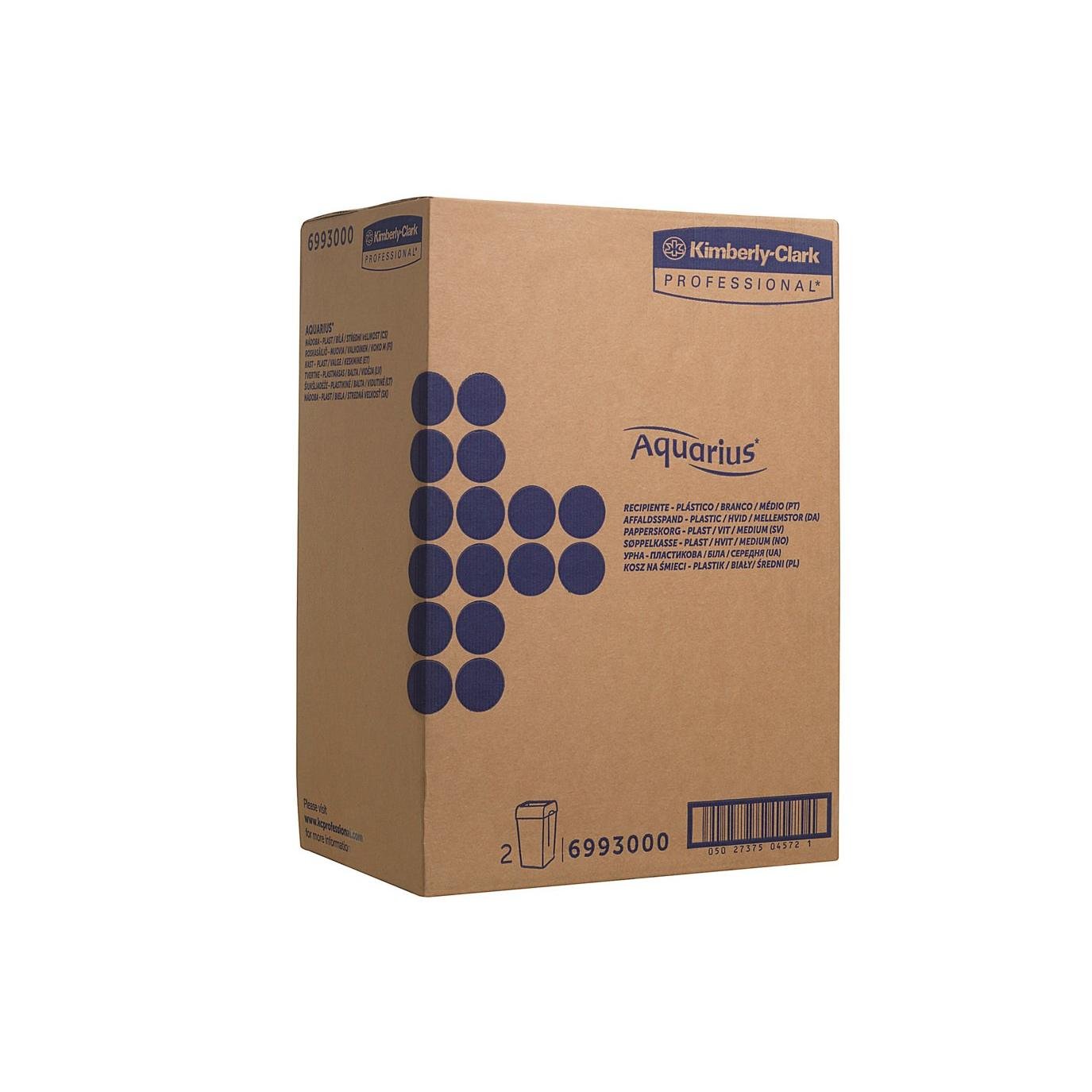 Un carton mare alb din plastic Aquarius™ coș de gunoi (mijlociu) de la Kimberly-Clark GmbH, etichetat cu grafice și detalii albastre, conține 2 coșuri de gunoi per carton.